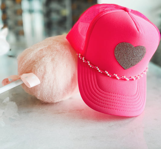 Neon Pink Sparkle Heart Trucker with Pearl Rope