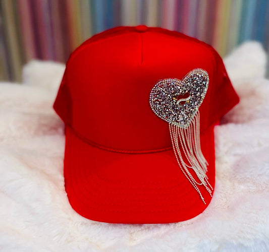 Red Sparkle Heart Fringe Trucker
