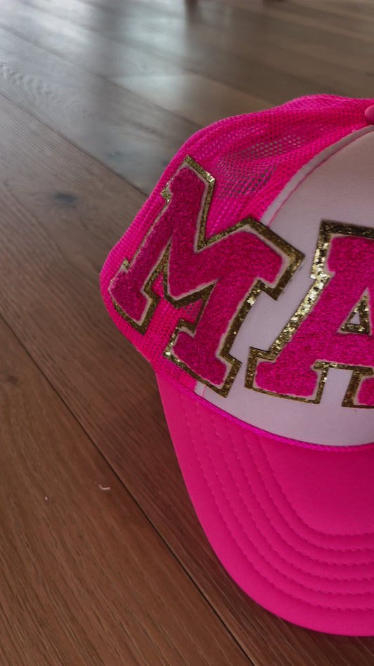 Neon pink and white MAMA Trucker